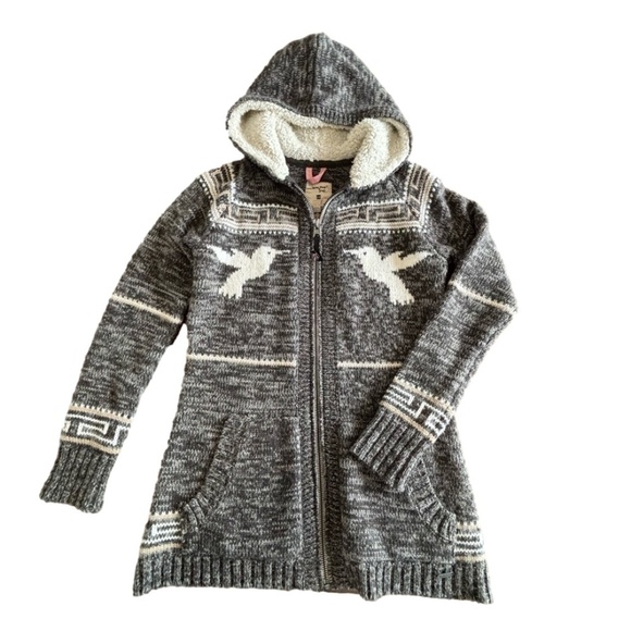 Cowichan full zip cardigan tunic length wool blend, lined hood Kids XL/Women's S - Picture 1 of 11